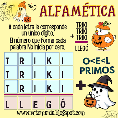 ALFAMÉTICA Retos matemáticos, Desafíos matemáticos, Problemas matemáticos, Día de las Brujas, Halloween, Aprender jugando, Jugando aprendo, Juegos Halloween, Retos mentales, Retos visuales, Retos virales, Pasatiempos, Matemática Recreativa, MateRecreativa, Clases Divertidas, Clase Dinámicas, Juegos de Palabras, Suma de palabras, CriptoAritmética, Alfamética, CriptoSuma