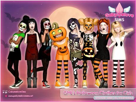 GML’s Halloween Clothes for Girls 🎃 – Updated 2025 Collection GML’s Halloween Clothes for Girls – updated 2025 set for The Sims 4, featuring spooky-cute dresses and semi-sheer leggings for girls in different Halloween styles. Created by Gabymelove Sims.