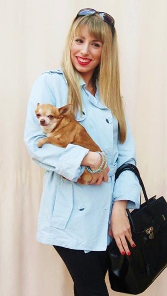 97. Blue trench, red lips