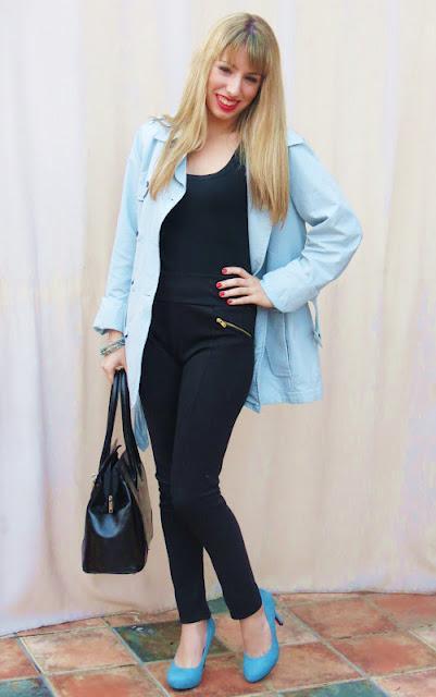 97. Blue trench, red lips