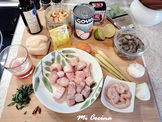 GUISO DE ALMEJAS CON GAMBAS BLANCAS Y PINTARROJA CON SUS ALBÓNDIGAS EN SALSA DE ANACARDOS.