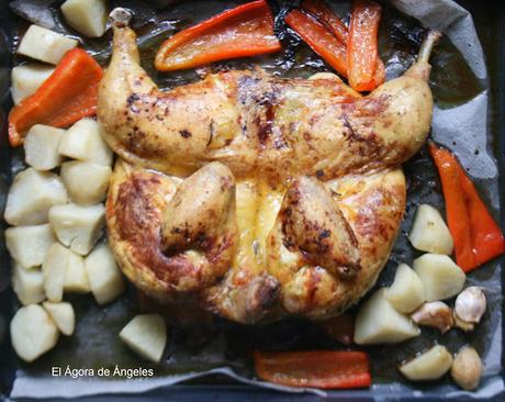 Pollo asado  abierto en mariposa con salsa de naranja y miel  El Ágora de Ángeles