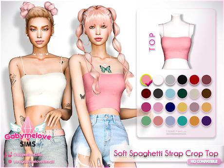 Soft Spaghetti Strap Crop Top by Gabymelove Sims | The Sims 4 Maxis Mix CC Soft Spaghetti Strap Crop Top — cotton-textured Maxis Mix top CC for The Sims 4 with delicate straps and pastel swatches by Gabymelove Sims.