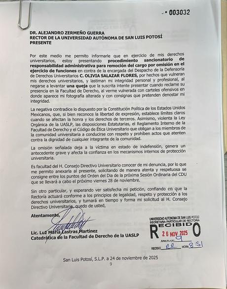 Lucy Lastras solicita procedimiento sancionatorio contra titular de la Defensoría de Derechos Universitarios
