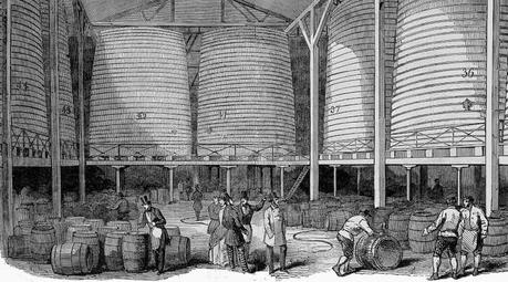 La gran inundación de cerveza de Londres Cervecería con grandes cubas, sXIX