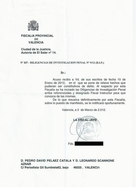 Documento remitido por la fiscalía Valenciana