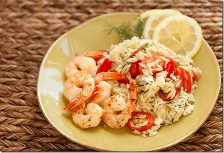 camarones con pasta Orzo