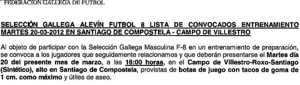 CONVOCATORIA SELECCIÓN GALLEGA ALEVÍN FÚTBOL 8 (20/03/2012)