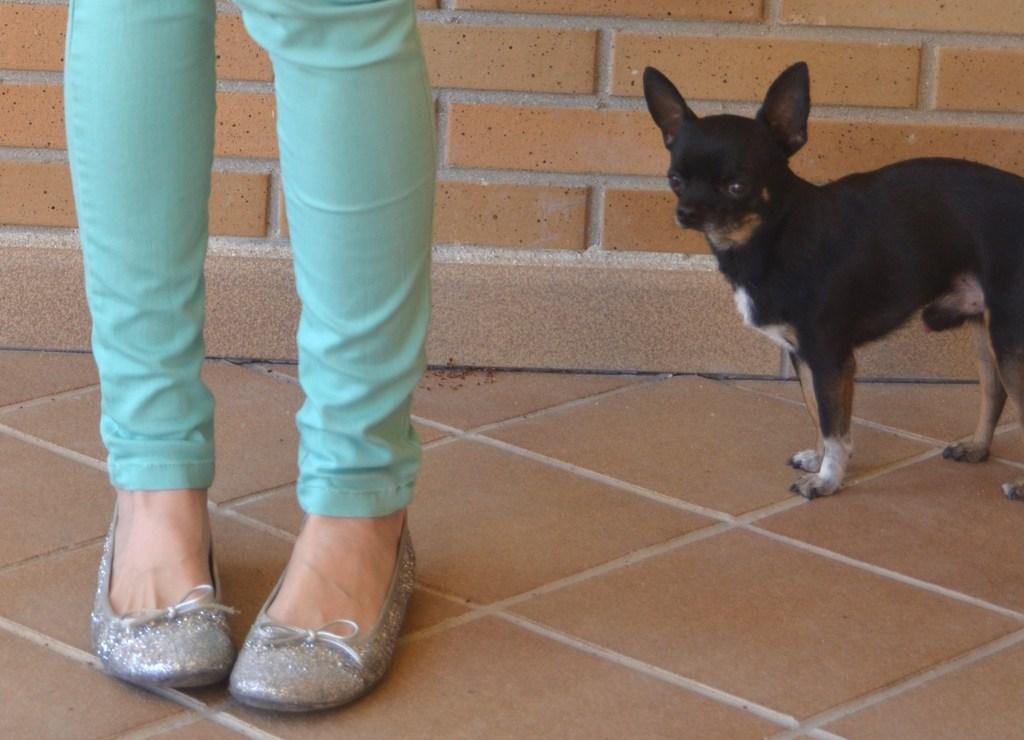 Mint pant & glitter shoes