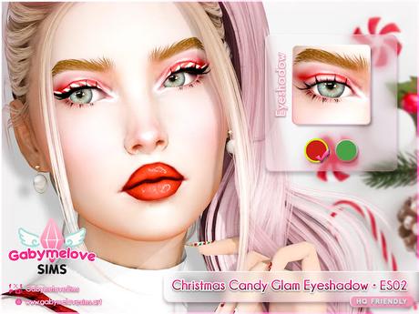 Close-up de un Sim de Los Sims 4 usando la Christmas Candy Glam Eyeshadow ES02, una sombra de ojos navideña estilo candy-cane con tonos rosados suaves, textura HQ y acabado difuminado.