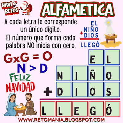 Desafíos matemáticos, Retos matemáticos, Problemas matemáticos, Problemas de lógica, Juegos de números, Juegos de palabras, Suma de letras, Suma de palabras, CriptoSuma, CriptoGrama, CriptoAritmética, Alfamética, MateNavidad, Matemática y Navidad, Jugando aprendo, Aprender jugando