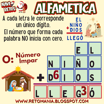 Desafíos matemáticos, Retos matemáticos, Problemas matemáticos, Problemas de lógica, Juegos de números, Juegos de palabras, Suma de letras, Suma de palabras, CriptoSuma, CriptoGrama, CriptoAritmética, Alfamética, MateNavidad, Matemática y Navidad, Jugando aprendo, Aprender jugando