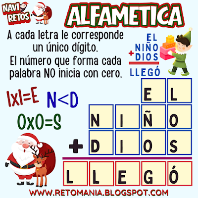 Desafíos matemáticos, Retos matemáticos, Problemas matemáticos, Problemas de lógica, Juegos de números, Juegos de palabras, Suma de letras, Suma de palabras, CriptoSuma, CriptoGrama, CriptoAritmética, Alfamética, MateNavidad, Matemática y Navidad, Jugando aprendo, Aprender jugando
