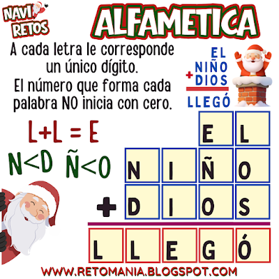 Desafíos matemáticos, Retos matemáticos, Problemas matemáticos, Problemas de lógica, Juegos de números, Juegos de palabras, Suma de letras, Suma de palabras, CriptoSuma, CriptoGrama, CriptoAritmética, Alfamética, MateNavidad, Matemática y Navidad, Jugando aprendo, Aprender jugando