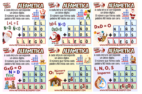 Desafíos matemáticos, Retos matemáticos, Problemas matemáticos, Problemas de lógica, Juegos de números, Juegos de palabras, Suma de letras, Suma de palabras, CriptoSuma, CriptoGrama, CriptoAritmética, Alfamética, MateNavidad, Matemática y Navidad, Jugando aprendo, Aprender jugando