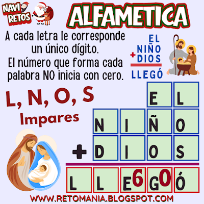 Desafíos matemáticos, Retos matemáticos, Problemas matemáticos, Problemas de lógica, Juegos de números, Juegos de palabras, Suma de letras, Suma de palabras, CriptoSuma, CriptoGrama, CriptoAritmética, Alfamética, MateNavidad, Matemática y Navidad, Jugando aprendo, Aprender jugando