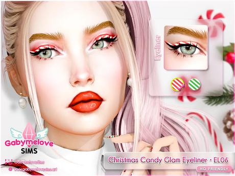Close-up of a Sims 4 sim wearing a red & white candy-cane eyeliner (Christmas Candy Glam Eyeliner • EL06). Close-up de un Sim de Los Sims 4 con delineado candy-cane rojo y blanco (Christmas Candy Glam Eyeliner • EL06).