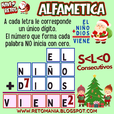 ALFAMÉTICAS NAVIDEÑAS Desafíos matemáticos, Retos matemáticos, Problemas matemáticos, Problemas de lógica, Juegos de números, Juegos de palabras, Suma de letras, Suma de palabras, CriptoSuma, CriptoGrama, CriptoAritmética, Alfamética, MateNavidad, Matemática y Navidad, Jugando aprendo, Aprender jugando