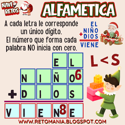 ALFAMÉTICAS NAVIDEÑAS Desafíos matemáticos, Retos matemáticos, Problemas matemáticos, Problemas de lógica, Juegos de números, Juegos de palabras, Suma de letras, Suma de palabras, CriptoSuma, CriptoGrama, CriptoAritmética, Alfamética, MateNavidad, Matemática y Navidad, Jugando aprendo, Aprender jugando