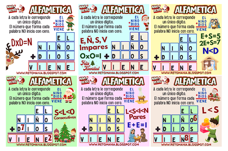 ALFAMÉTICAS NAVIDEÑAS Desafíos matemáticos, Retos matemáticos, Problemas matemáticos, Problemas de lógica, Juegos de números, Juegos de palabras, Suma de letras, Suma de palabras, CriptoSuma, CriptoGrama, CriptoAritmética, Alfamética, MateNavidad, Matemática y Navidad, Jugando aprendo, Aprender jugando