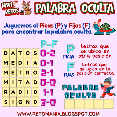 Desafíos matemáticos, Retos matemáticos, Problemas matemáticos, Retos mentales, Juegos mentales, Juegos visuales, Acertijos, Navidad, Matemática y Navidad, MateNavidad, Juegos en el aula, Aprender jugando, Jugando aprendo, Juegos de Palabras, Palabra Oculta, BuscaPalabras, Palabra escondida, Picas y Fijas