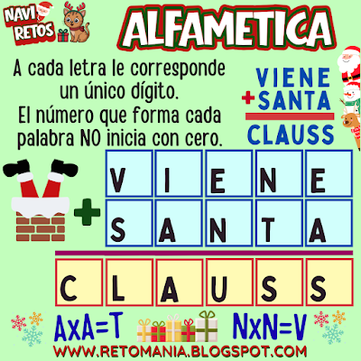 Desafíos matemáticos, Retos matemáticos, Problemas matemáticos, Retos mentales, Juegos mentales, Juegos visuales, Acertijos, Navidad, Matemática y Navidad, MateNavidad, Juegos en el aula, Aprender jugando, Jugando aprendo, Juegos de palabras, Juegos de números, Alfamética, CriptoAritmética, CriptoSuma, CriptoGrama, Suma de palabras