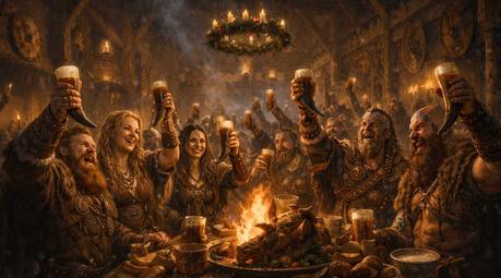 Vikingos celebrando Yule con hidromiel