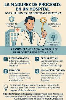 🚑 La madurez de procesos en un hospital no es un lujo, es una necesidad estratégica.  
Cada paso que damos hacia la excelencia impacta directamente en la seguridad del paciente, la eficiencia operativa y la sostenibilidad financiera.  

🔑 5 pasos clave hacia la madurez de procesos hospitalarios:  

1️⃣ Estandarización: Definir protocolos claros y reducir la variabilidad en la atención.  
2️⃣ Medición: Implementar indicadores confiables que permitan evaluar desempeño clínico y administrativo.  
3️⃣ Optimización: Usar datos para identificar cuellos de botella y rediseñar flujos de trabajo.  
4️⃣ Digitalización: Integrar herramientas tecnológicas que automaticen tareas y potencien la toma de decisiones.  
5️⃣ Innovación continua: Crear una cultura de mejora permanente, donde cada colaborador sea agente de cambio.  

💡 La madurez de procesos no se logra de la noche a la mañana, pero cada avance construye un hospital más seguro, eficiente y humano.