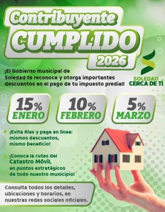 Descuentos en el pago del impuesto predial durante el primer trimestre de 2026 en Soledad