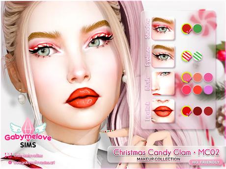 Close-up of a female Sim wearing Christmas Candy Glam Lipstick LS02 for The Sims 4, featuring glossy candy-inspired red tones, HQ compatible festive glam makeup.