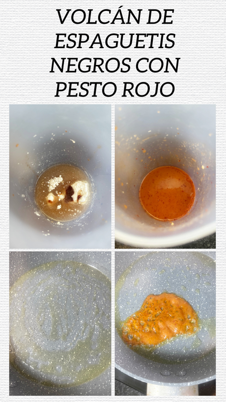 Volcán de espaguetis de arroz negro con pesto rojo