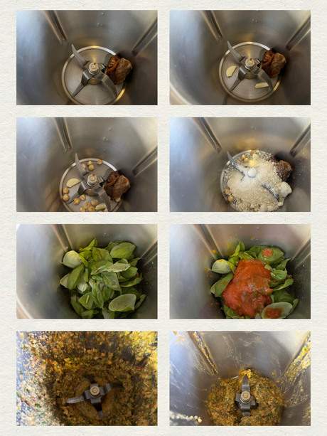 Volcán de espaguetis de arroz negro con pesto rojo