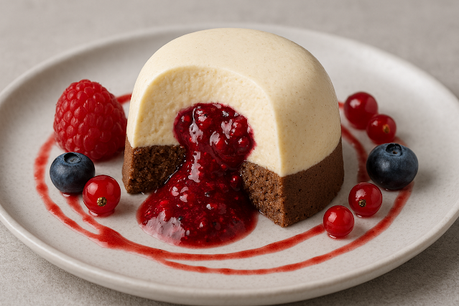 SEMIFRÍO DE VAINILLA Y CHOCOLATE CON CENTRO DE FRUTOS ROJOS