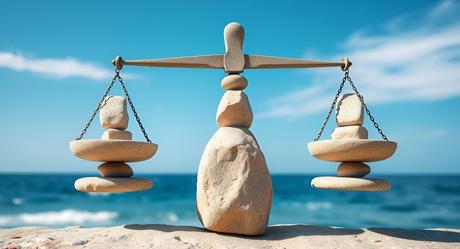 Balanza con la playa de fondo. Imagen generada con IA.