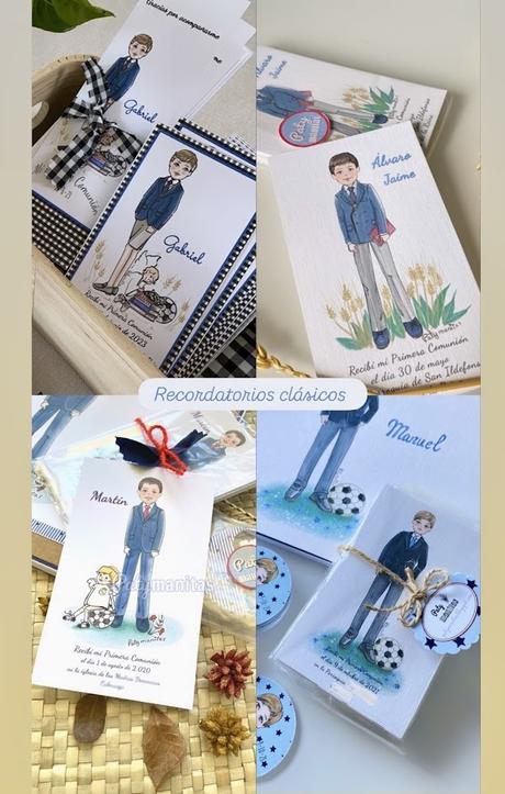 recordatorios con dibujo de niño vestido de traje y corbata para primera comunión