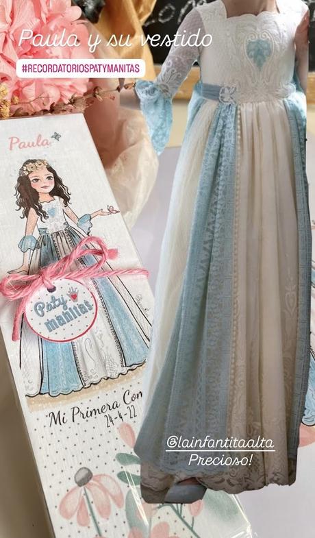 Recordatorios Dibujo personalizado comunión inspirado en una fotografía del vestido.