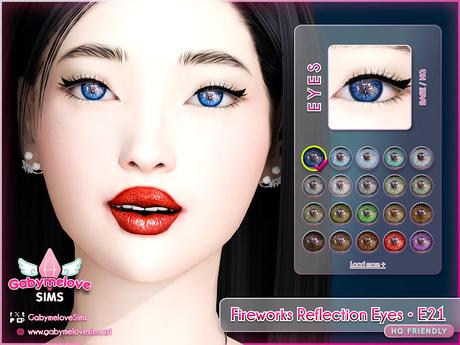 Close-up of a female Sim wearing Fireworks Reflection Eyes E21, realistic blue contact-lens eyes with subtle fireworks light reflections for The Sims 4.