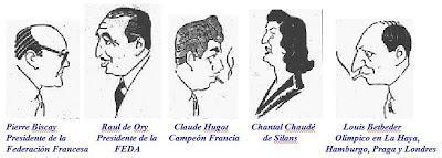 Caricaturas de Pierre Biscay, Raúl de Ory, Claude Hugot, Chantal Chaudé de Silans y Louis Betbeder.