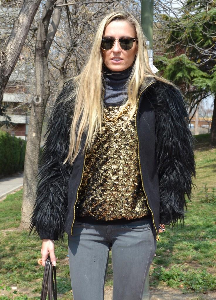Gold, faux fur and leather