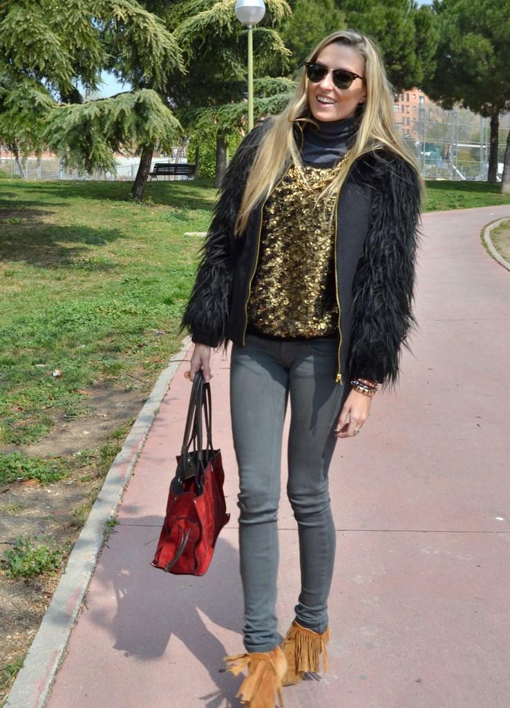 Gold, faux fur and leather