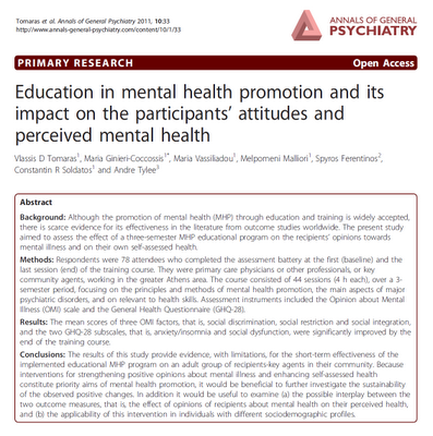 Educacion en Promoción de la Salud Mental y su impacto en los participantes - Tomaras y col.