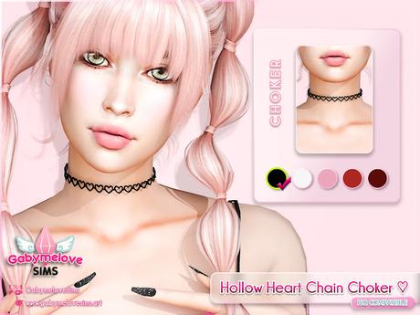 Hollow Heart Chain Choker necklace for The Sims 4, black faux suede outline heart choker, collar de corazones huecos estilo 90s kawaii Maxis Match CC