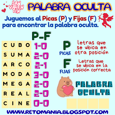 PALABRA OCULTA San Valentín, Día de San Valentín, Día de amor y amistad, Retos matemáticos, Problemas matemáticos, Desafíos matemáticos, Retos mentales, Juegos mentales, Retos visuales, Retos virales, Juegos en el aula, Aprender jugando, Jugando aprendo, Juegos de letras, Juegos de Palabras, Palabra oculta, Palabra escondida, BuscaPalabras