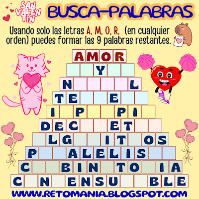 BUSCAPALABRAS San Valentín, Día de San Valentín, Día de amor y amistad, Retos matemáticos, Problemas matemáticos, Desafíos matemáticos, Retos mentales, Juegos mentales, Retos visuales, Retos virales, Juegos en el aula, Aprender jugando, Jugando aprendo, Juegos de letras, Juegos de Palabras, Palabra oculta, Palabra escondida, BuscaPalabras